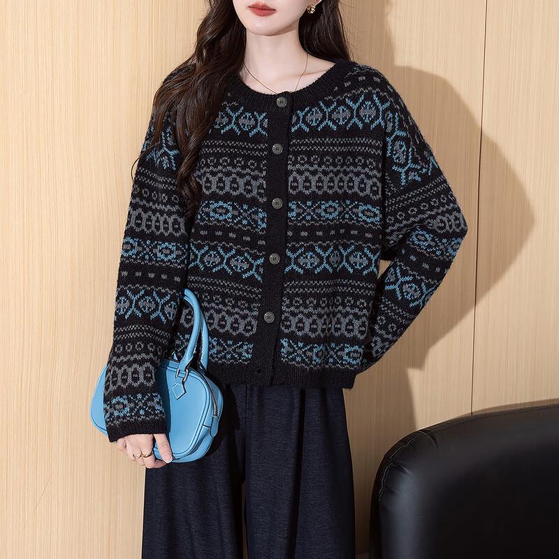 

TonLion 2025 Autumn/Winter Elegant Classic Pattern Women s Cardigan Sweater L