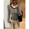 Semi Open Collar Color Block Striped Long Sleeve T Shirt Women Autumn Slim Fit Base Layer