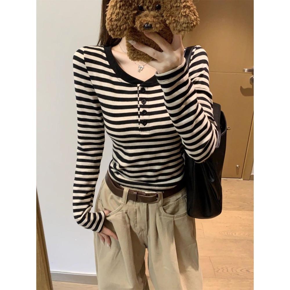 Semi Open Collar Color Block Striped Long Sleeve T Shirt Women Autumn Slim Fit Base Layer