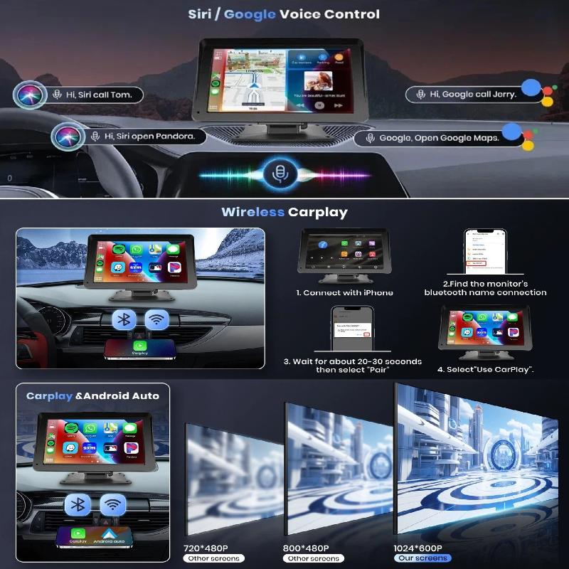 7"Portable Wireless Carplay Android Auto Screen HD Car Radio Multimedia Video Player Rear Reversing Camera DVR