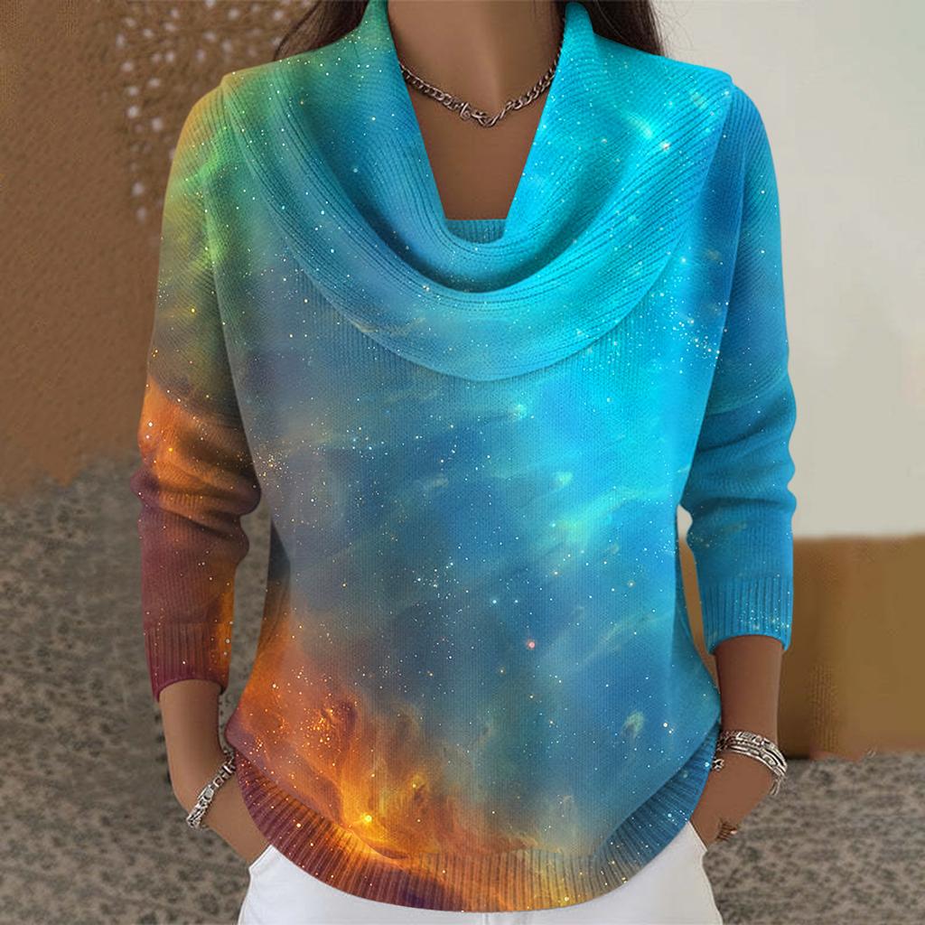 Dámský ležérní a módní svetr s dlouhým rukávem a potiskem, kulatým výstřihem