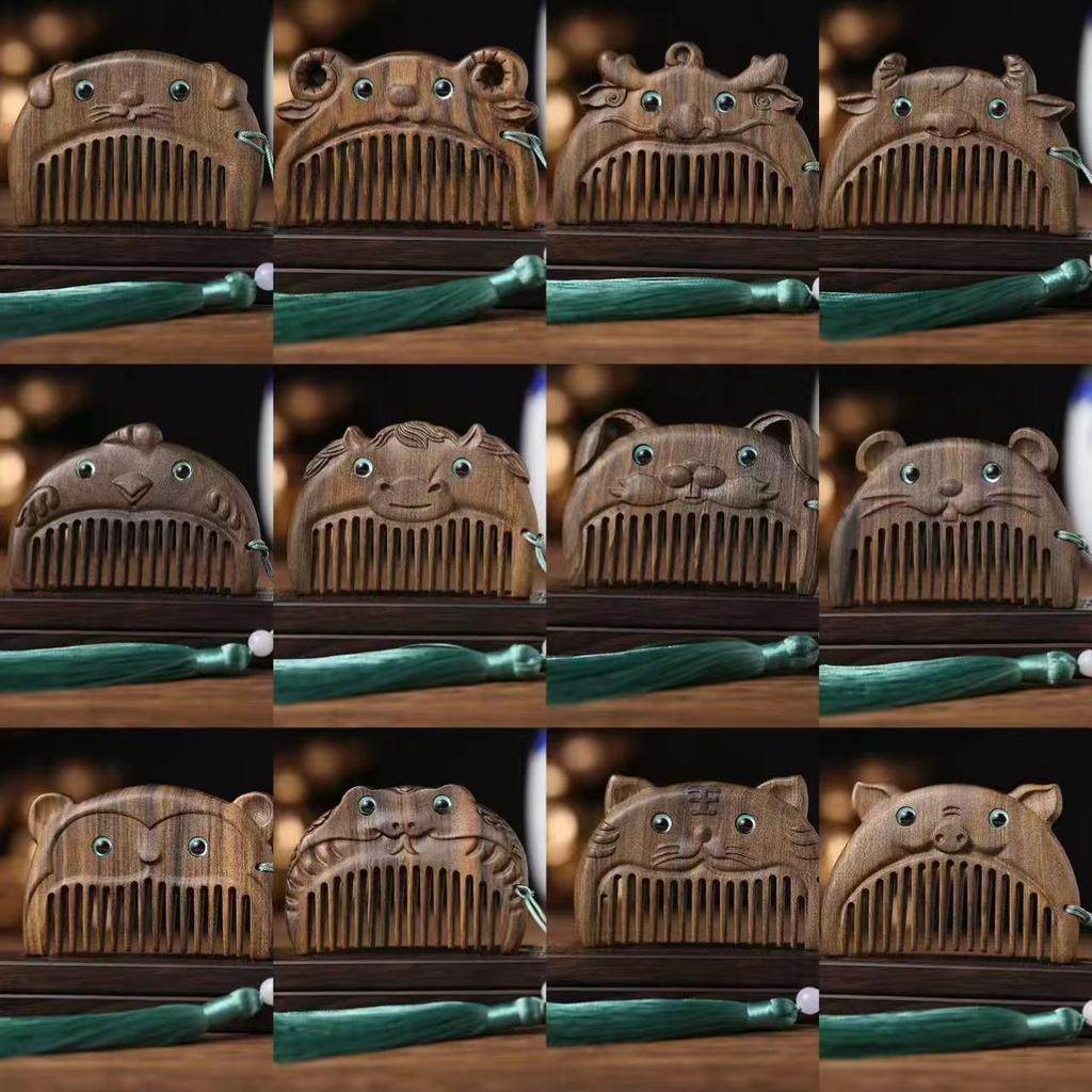 12 Zodiac Green Sandalwood Baby Comb – Engravable Wooden Craft for Children's First Birthday Gift