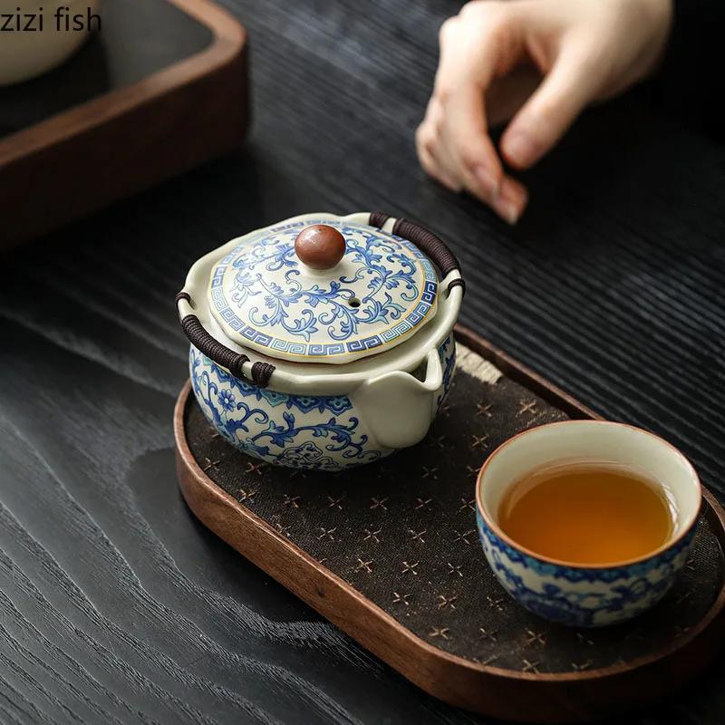 Blue and White Ru Kiln Hand-held Teapot Vintage Ceramic Teapot Single Pot Tea Brewing Utensil Kettle Household Kung Fu Tea Set