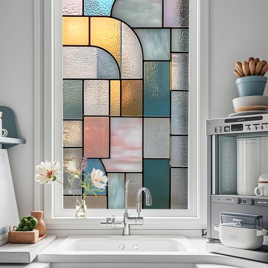 Geometric Window Privacy Film Stained Glass Style Privacy Protection Film Frosted Static Cling Waterproof Privacy Film for Bathroom Bedroom Kitchen