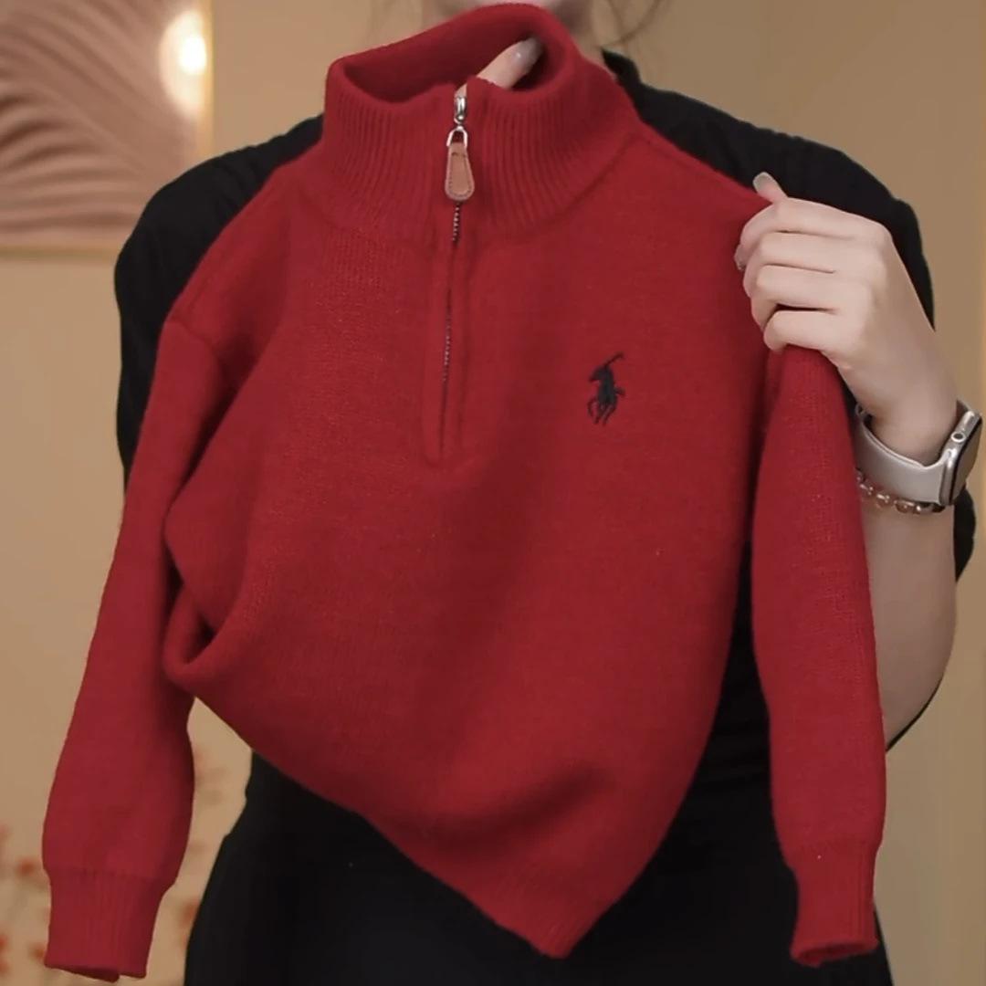 Boys Red Half-Zip Thick Fleece-Lined Knit Sweater for Autumn Winter 90