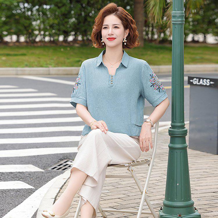 Women's Casual Summer Lapel T-Shirt - Short-Sleeved, Thin, Loose Fit for Middle-Aged and Elderly