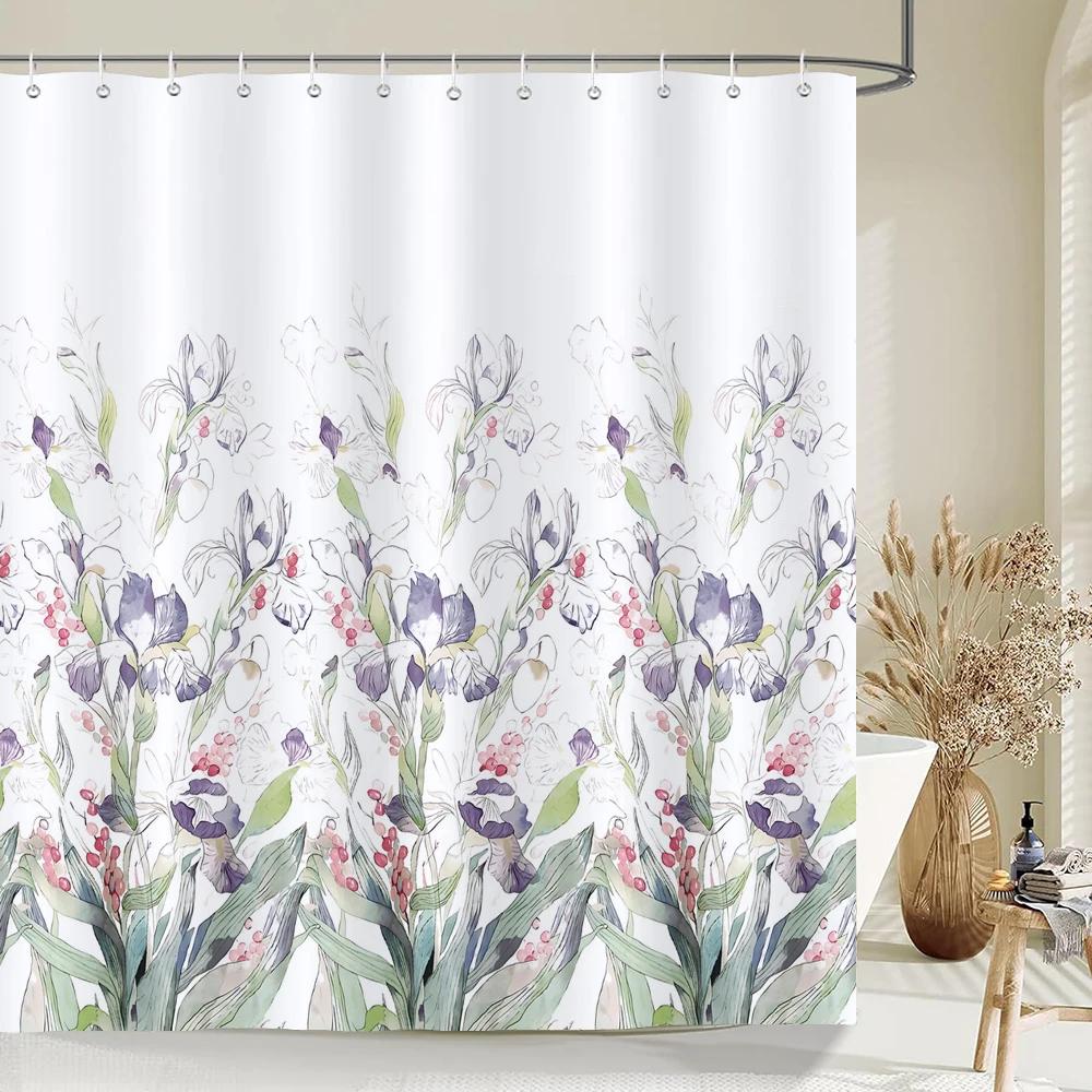 Watercolor Leaves Floral Shower Curtain 180Cm *180Cm With Hooks, Waterproof Shower Curtain, Shower Curtains For Bathroom