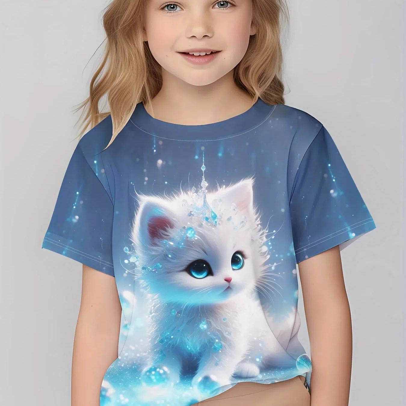 

Летняя детская футболка с милым 3D принтом кота, модный дышащий топ, высокое качество, подарок на день рождения с короткими рукавами 110