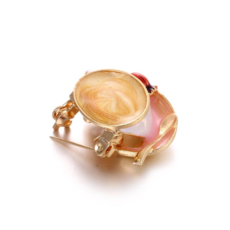 Fashion Coffee Cup Spoon Disc Shape Brooches White Enamel Gold Color Brooch Pins