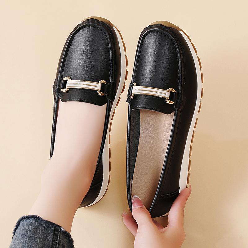 Pacecraft Shoes Women's Cowhide Loafers with Metal Buckle, Comfortable Casual Flat Shoes