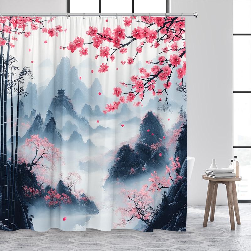 Ink Landscape Shower Curtain Abstract Mountain Water Red Floral Birds Chinese Style Bath Curtains Home Bathroom Decor with Hooks
