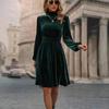 Rochii de damă de primăvară cu mâneci lungi bufante, culoare uni, cu guler înalt, casual, linie A, până la genunchi, talie înaltă, din catifea