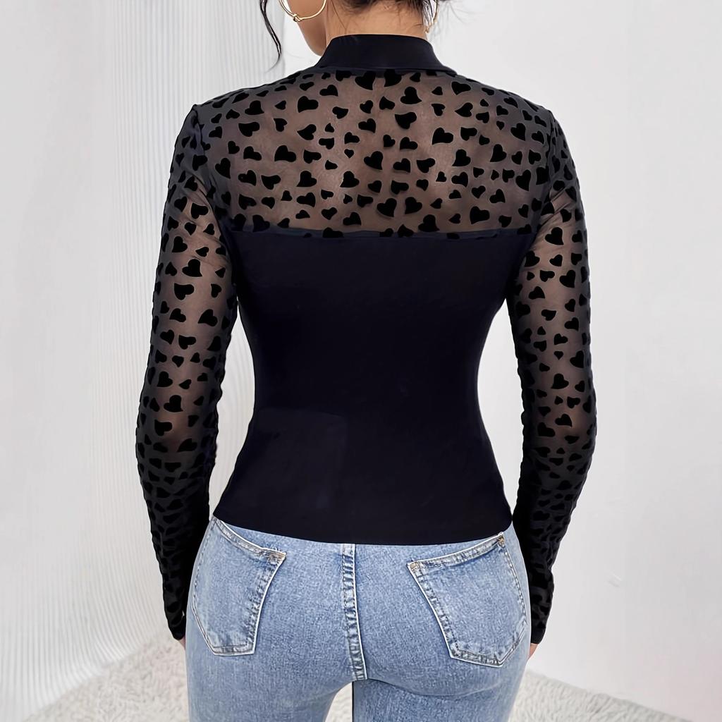 Spring Mesh Patchwork Long Sleeve Slim Base Layer T Shirt Top Women Fashion Daily Basic Office Lady Casual Slim Fit Ladies Elegant Top