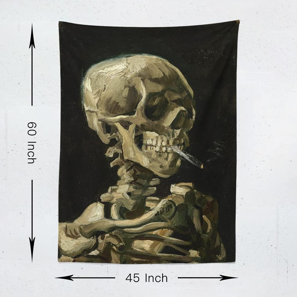 Van Gogh Schädel Wandteppich, Klassischer Ölgemälde Druck mit Skelett beim Rauchen, Wandbehang für Schlafzimmer Wohnzimmer Gothic Dekor