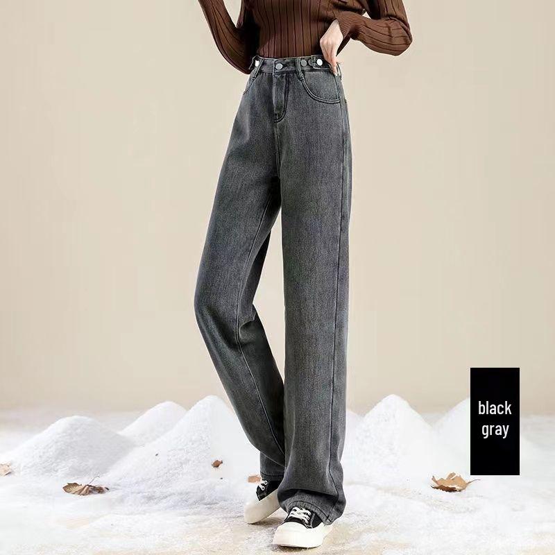 

Women s Autumn & Winter Fleece-Lined Wide-Leg Jeans - Warm, Slimming, Versatile, Floor-Length, Straight-Leg Pants, Trending Style. Large