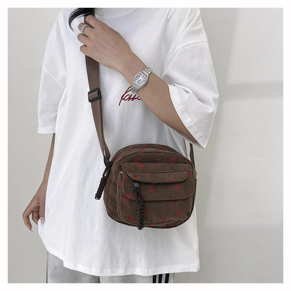 Fashion Printing Strawberry Crossbody Bag Zipper Corduroy Shoulder Bag Sweet Women Girl Large Capacity Handbag