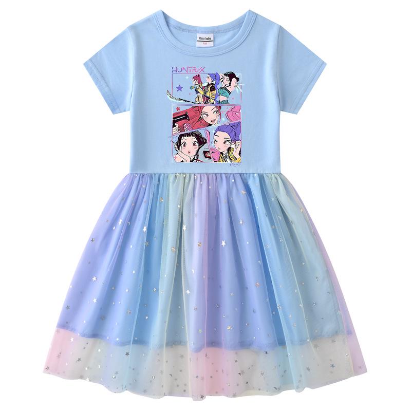 Vestido de Princesa Kpop Demon Slayer para Niñas con Lentejuelas Arcoíris y Malla, con Mangas Largas y Cortas para Primavera, Verano y Otoño.