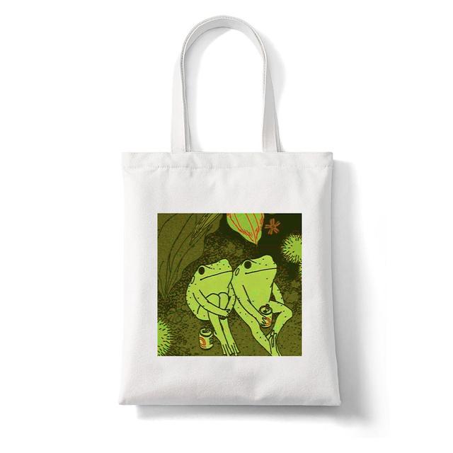 Cartoon Frog Print Women Shopping Bag Funny Animal Pattern Large Capacity Tote Aesthetics Shoulder Bag Eco Canvas Bag Handbag