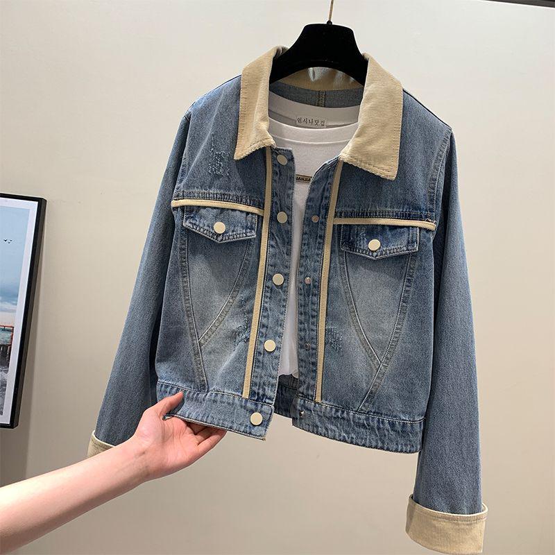 Women's High-End Denim Jacket - 2025 Spring/Autumn Fashion, Trendy Color Block Style