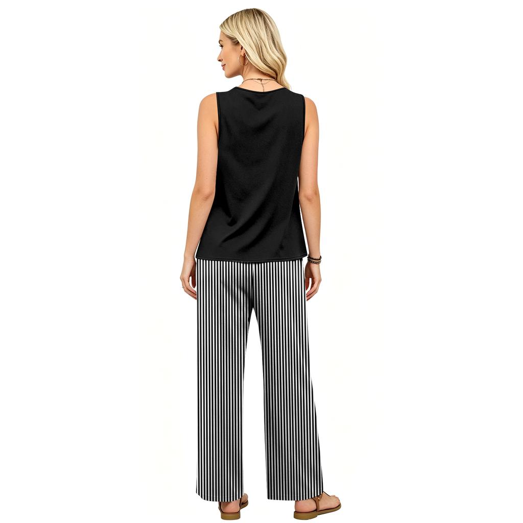 Sleeveless V Neck Tank Top and Striped Wide Leg Pants Two Piece Set for Women Casual Travel Vacation Home Wear