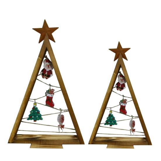 2Pcs Wooden Christmas Tree Ornament with LED Light Farmhouse Rustic Glowing Xmas Tree Table Sign Home Office Desktop Triangle Decoration