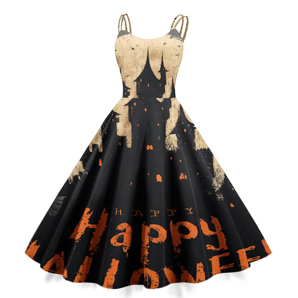 Women's Sleeveless Casual Dress Halloween Print Round Neck Vintage Style Spaghetti Strap Midi Dress for Daily Wear and Seasonal Events