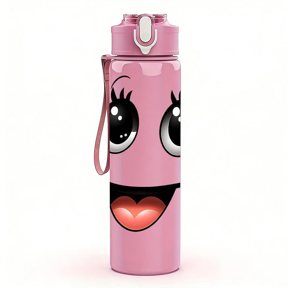 1PC Big Eyes Tongue Out Funny Cartoon Face Print 750ml Color Plastic Sports Water Bottle Leakproof Flip Straw Lid Suitable for Sports Office Home Use