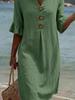 Summer New Cotton Linen V-Neck Buttoned Ruffled Sleeve Dress for Women