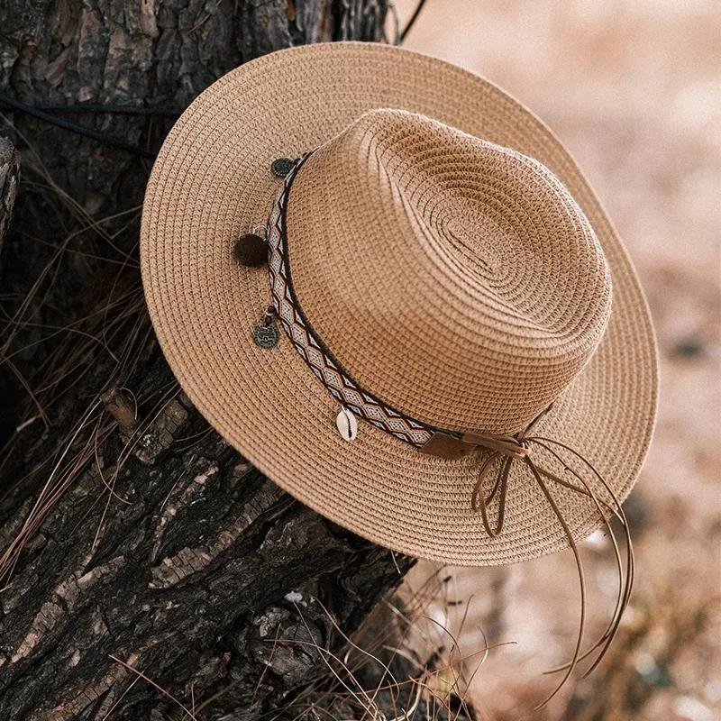 2025 New Fashion Bohemia Style Vacation Straw Hat Women Beach Grassland Travel Retro Cowboy Sun Hat Women's Wide Brim Panama