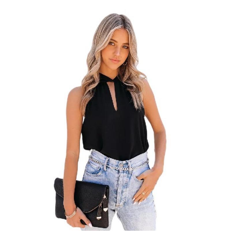 Summer New Solid Color Sleeveless Strappy Round Neck Top Women's Vest