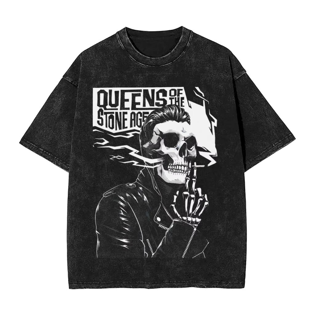 Camiseta Retro para Hombre de la Banda Queen of The Stone Age Lavada Camisetas Divertidas Manga Corta Cuello Redondo Ropa de Algodón Puro