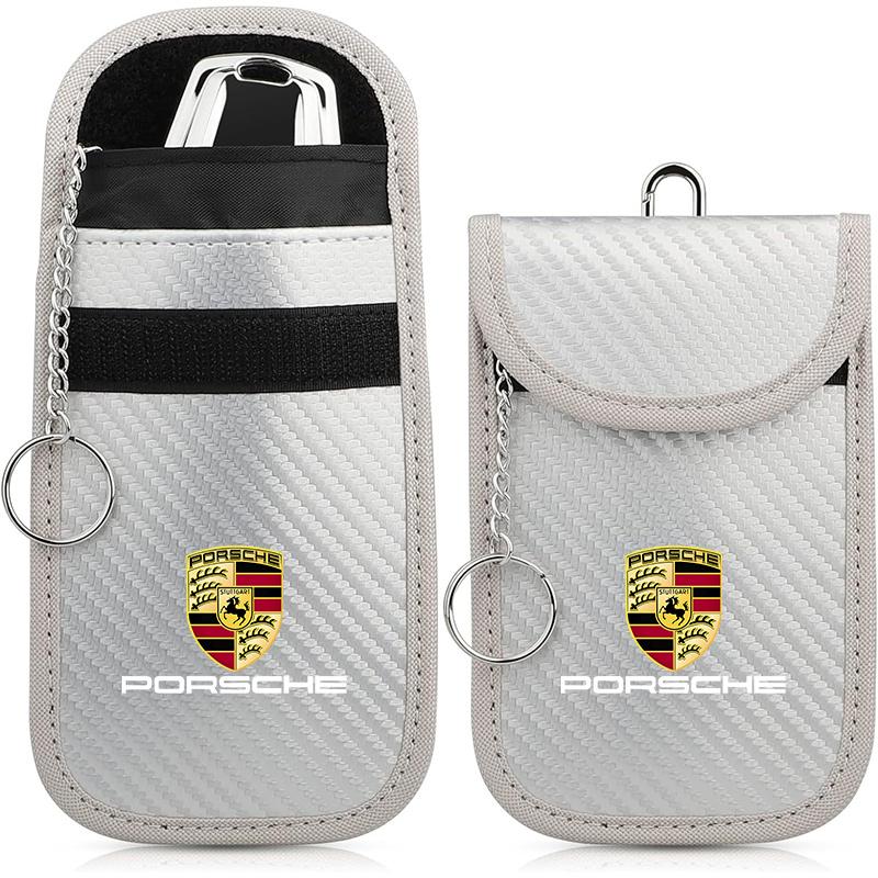 AFEBO1 For Porsche Panamera Cayenne Taycan 911 718 Macan Carrera-GT 928 944 968 Leather Car KeyCase Signal Blocker Bag Shielding Pocket