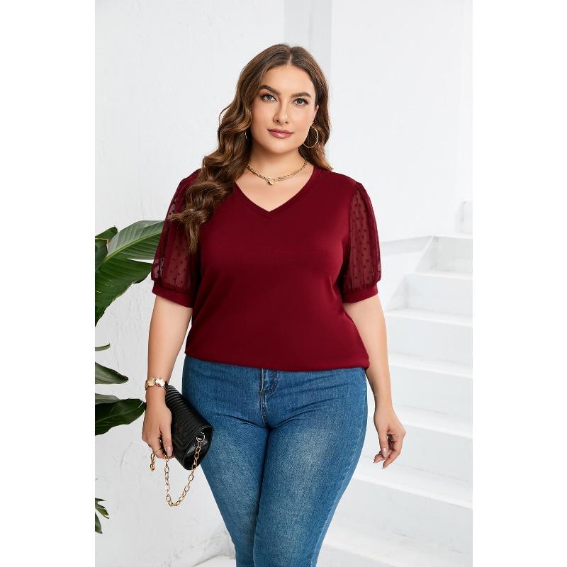 

Womens Plus Size V Neck Blouse Swiss Dot Mesh Puff Short Sleeve Casual Top XL красный