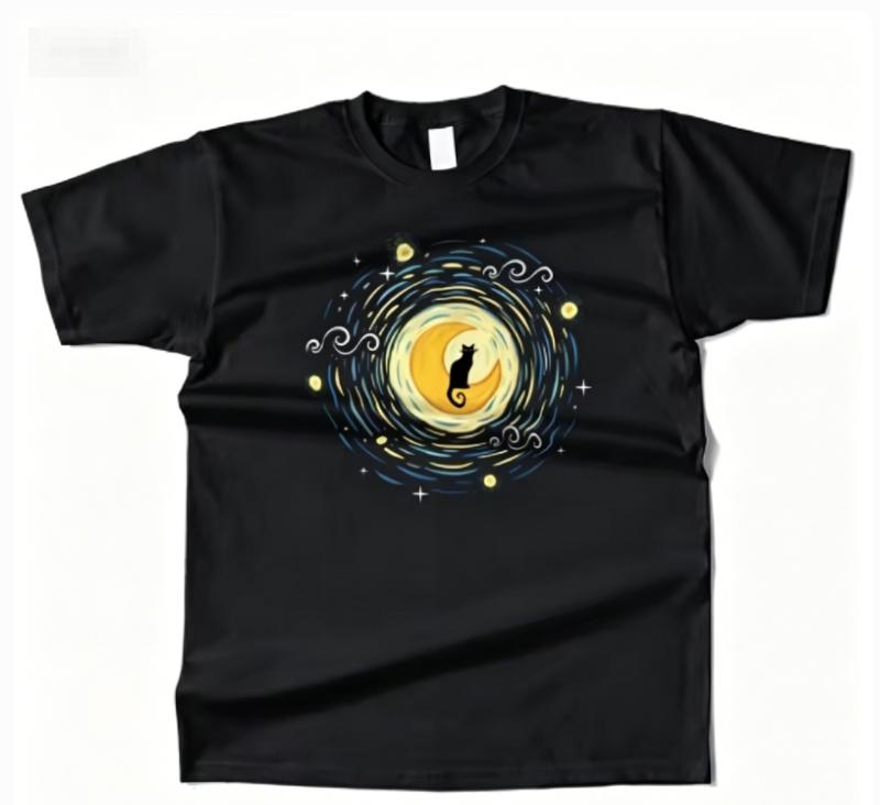 Unisexs Cotton Starry Moon Cat Graphic High Quality T Shirt Street Casual Style Tee for Unisex and WoUnisex Moisture Wicking Breathable