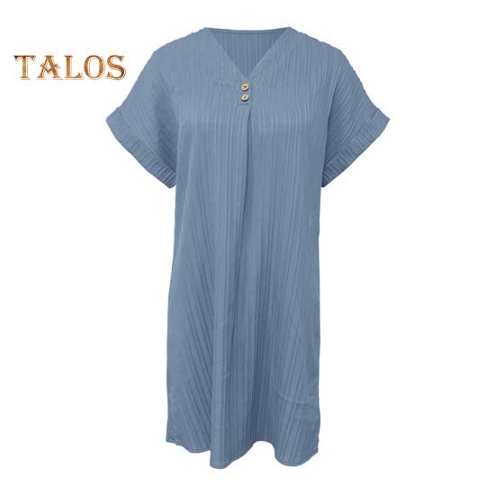 Summer Mini Dress Short Sleeves V Neck Loose Pure Color Dress Bohemian Buttons Casual Dress for Beach Vacation Daily Wear