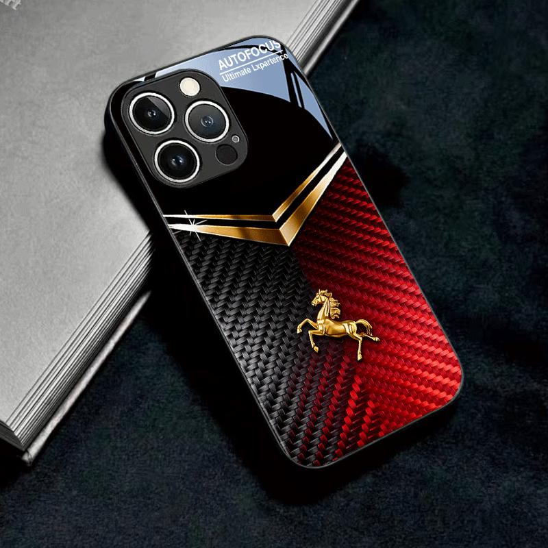 Goldenes Pferd Schwarz und Rot Glas Handyhülle Geeignet für iPhone 17 16 15 14 13 12 11 Pro/Max/Plus Sturzfest und Stoßfest