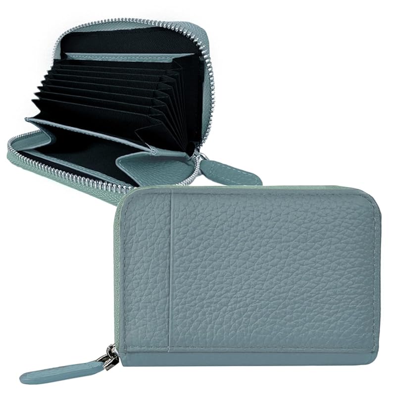 

[Giselle] card case genuine leather large capacity compact wallet bifold small thin mini wallet Bellows pass case coin purse ladies men s (sky blue)