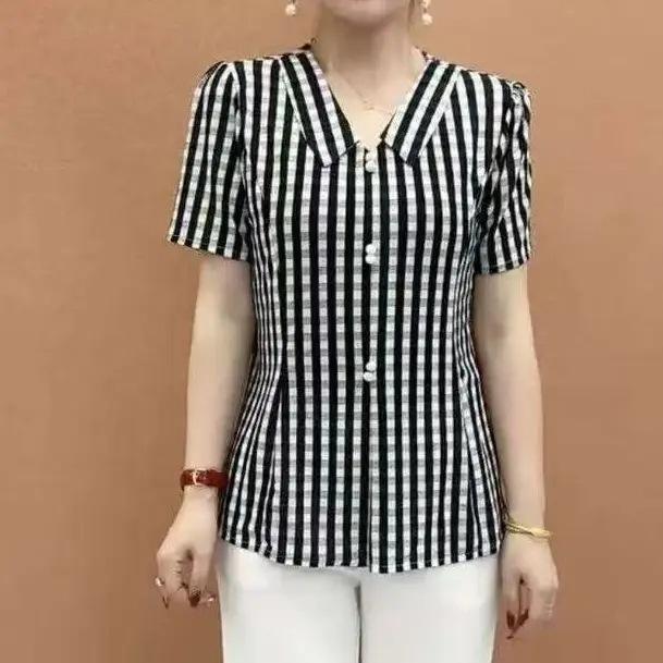 Summer Women's Blouse Lapel Neck Button Printed Ventilate All-match Elegant Loose Comfortable Three Quarter Tops