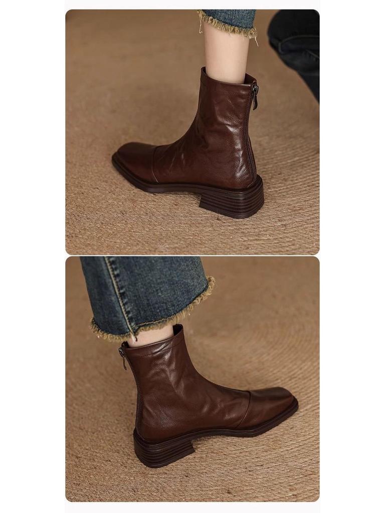 Wyszczuplające botki ze skóry jagnięcej 2025: Damskie Buty Martin na Średnim Obcasie Vintage, Czarny Kwadratowy Nosek, Kolekcja Jesień/Zima.