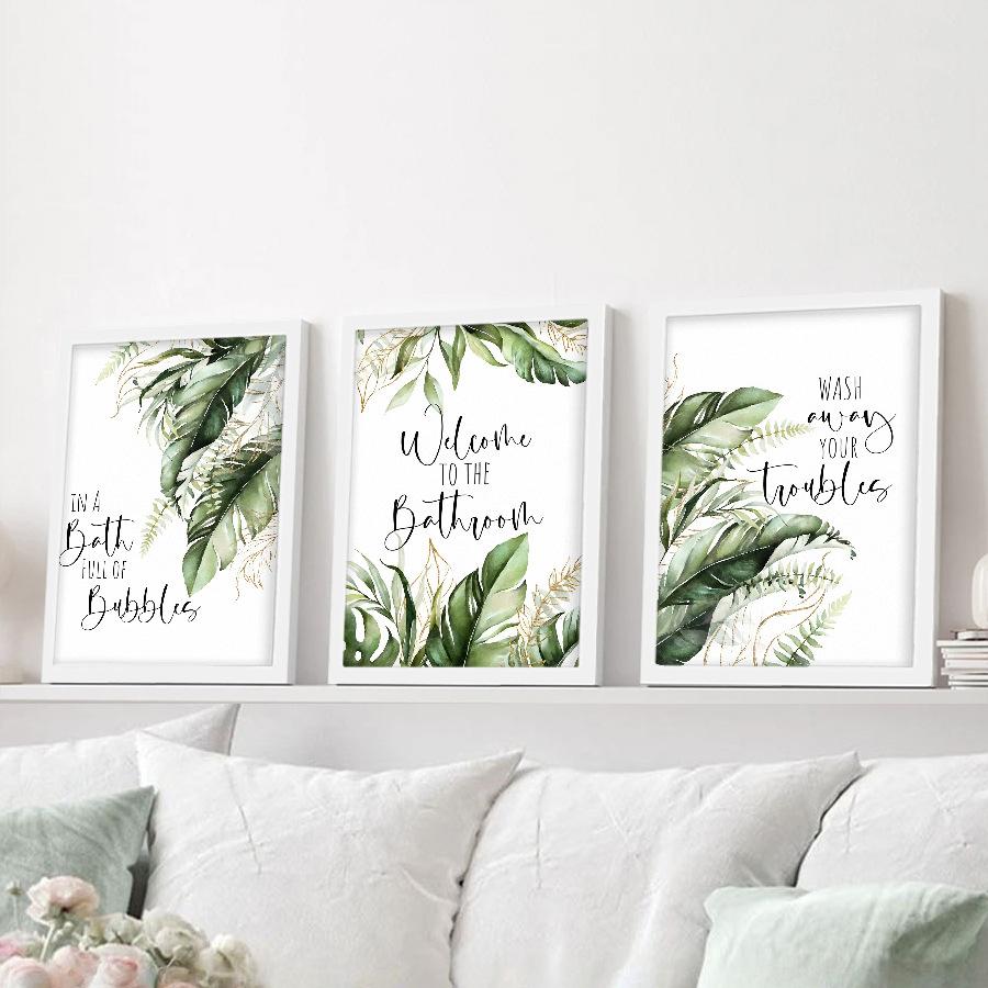 3pcs/set Green Color Plant Leaf Letter Art Oil Painting Canvas with Wood Frame Draw Wall Decor Home Decorations