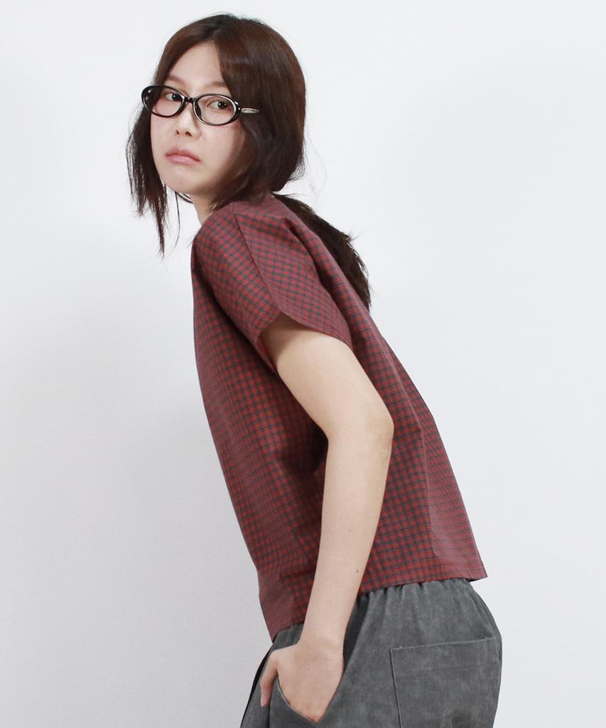 Deumakeu Checkered Mini French Short-Sleeved Shirt Red