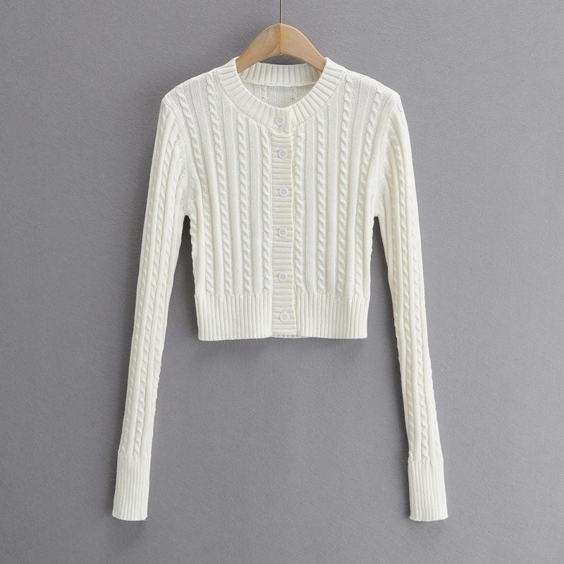 European & American Style Solid Color Cable Knit Cardigan - Round Neck, Single-Breasted, Long Sleeve Top for Women