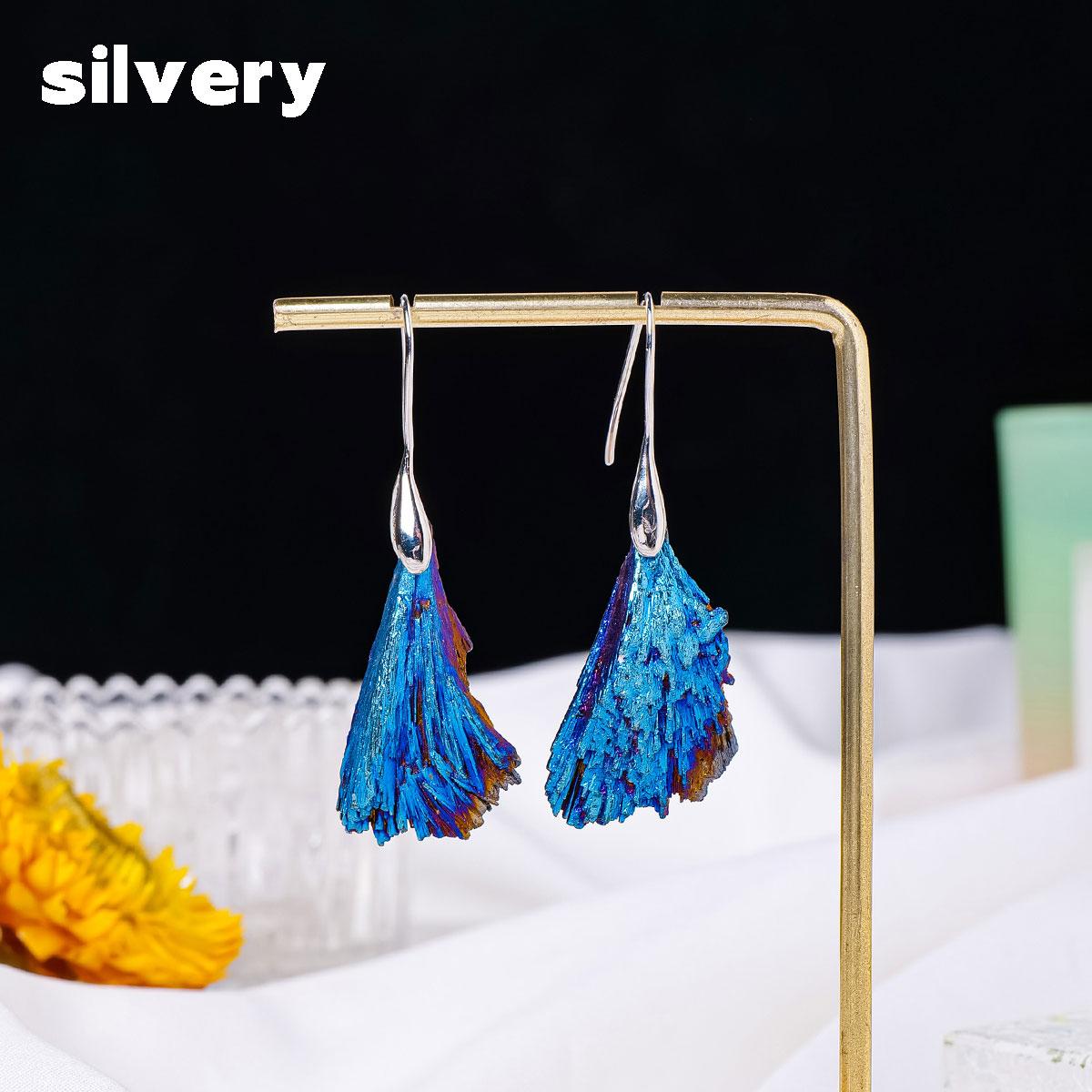 

1pair Natural Crystal Aura Black Tourmaline Blue Feather Original Stone Earrings Tourmaline Peacock Feather EEar Hook Jewelry 1pair