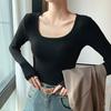U-neck Sweater Solid Color Slim Knitted Sweater T-shirt Long-sleeved Top Low-neck Inner Layer Slim Pullover Women's Clothing