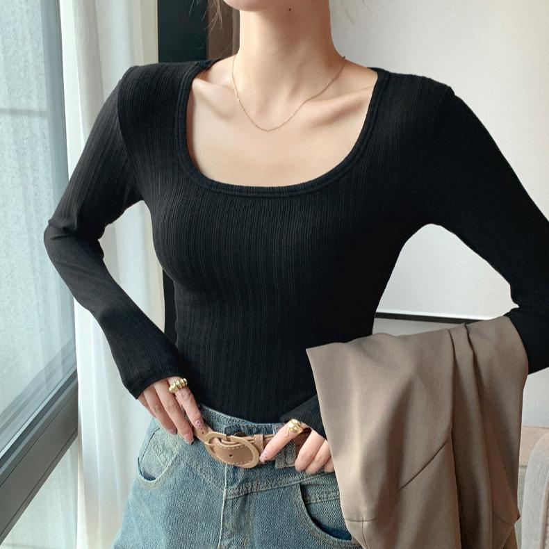 U-neck Sweater Solid Color Slim Knitted Sweater T-shirt Long-sleeved Top Low-neck Inner Layer Slim Pullover Women's Clothing
