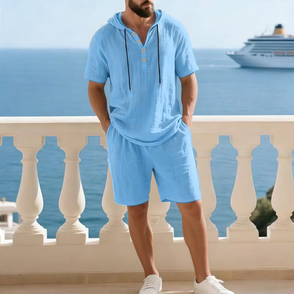 Set Casual Due Pezzi da Uomo a Manica Corta con Cappuccio e Pantaloncini a Colore Solido
