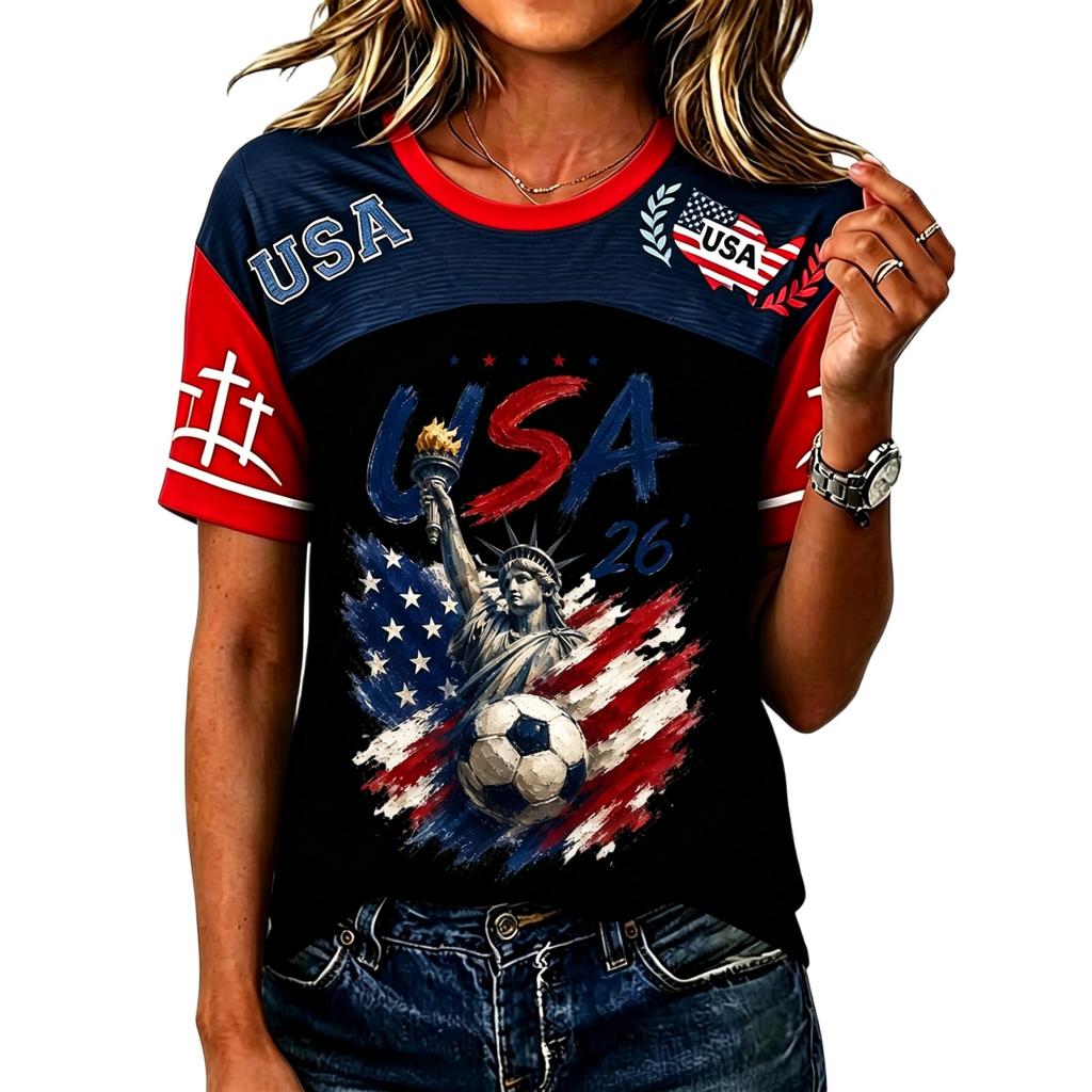 Women’s Casual Short Sleeve Pullover Crewneck Top with Soccer Graphic and USA Letter Print for Everyday Wear