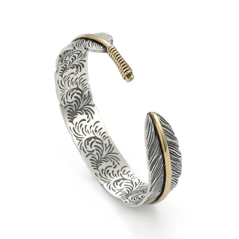 Silver Feather Cuff Bracelet for Men Women Vintage Adjustable Bracelet Bangle Fashion Jewelry