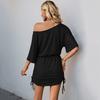 New casual dating party simple versatile pleated bat sleeve solid color dress
