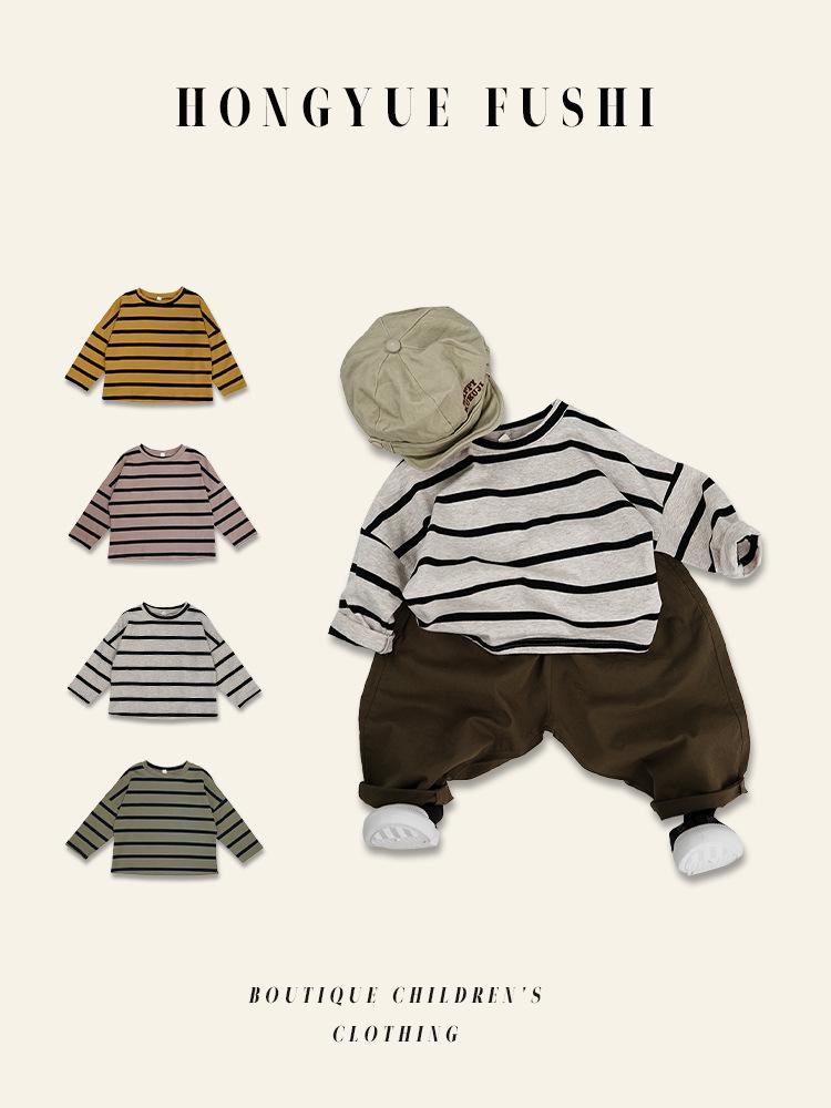 T-shirt a righe in cotone unisex per bambini coreani - Casual Primavera/Autunno Girocollo